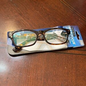 Foster Grant multifocus reading glasses and coordinating faux suede case.